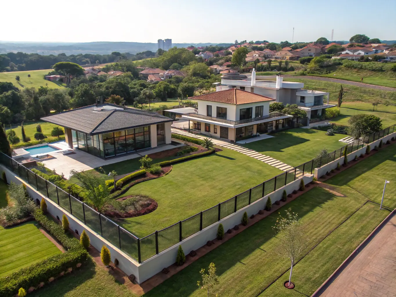 A panoramic view of a luxurious gated estate with modern villas, lush landscaping, and security features, representing SAUD Group's commitment to quality residential developments.