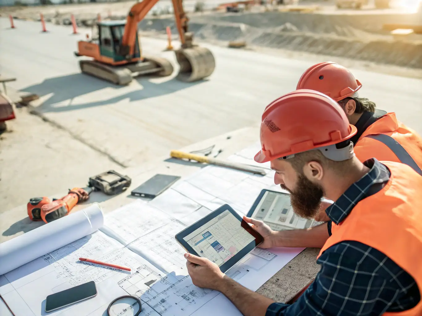 A professional team inspecting a property site with digital tablets and plans, illustrating SAUD Group's dedication to expert property management and consultancy services.