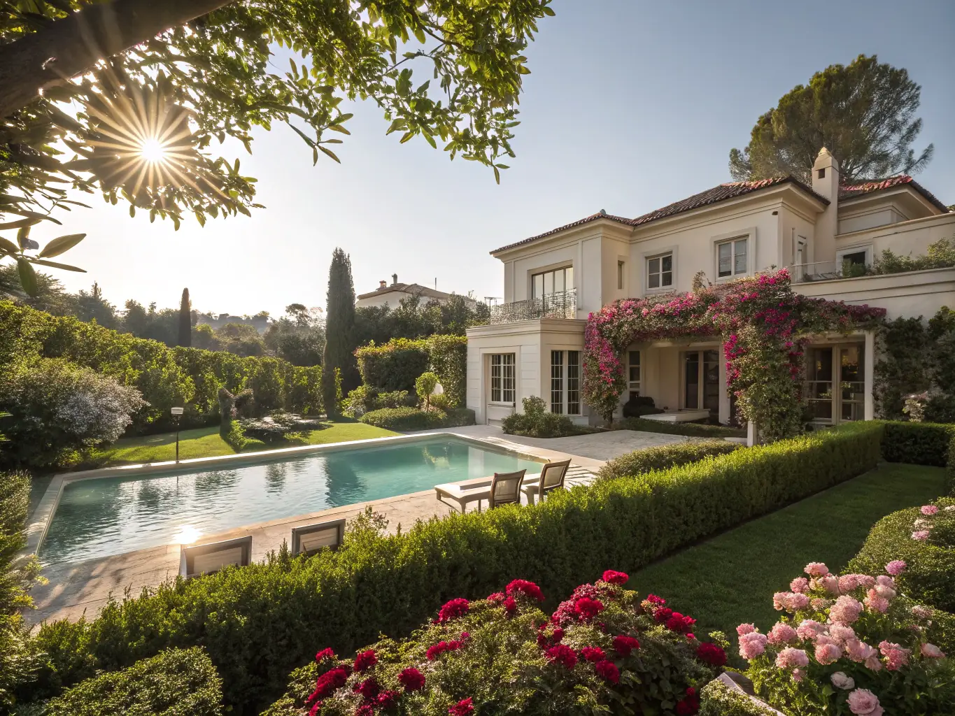 A modern, luxurious villa with a swimming pool and beautifully landscaped garden, showcasing high-end residential development by SAUD Group.