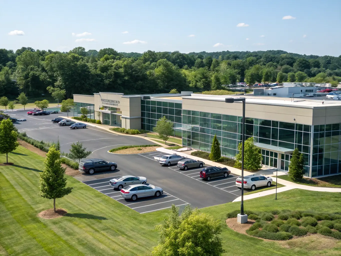 A vibrant commercial complex with modern office buildings and retail spaces, bustling with activity, showcasing SAUD Group's expertise in developing strategic commercial properties.