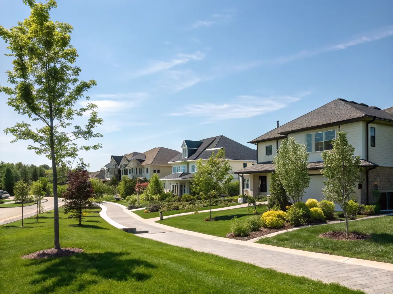 An aerial view of a serene residential estate with eco-friendly designs, parks, and recreational facilities, highlighting sustainable luxury living.